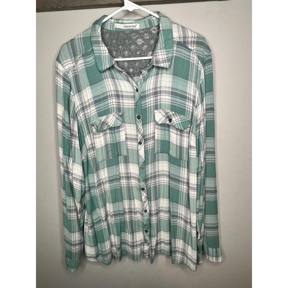 Maurices Women's Green White Gray Plaid Flannel Button Down Shirt‎ Top Lace Back